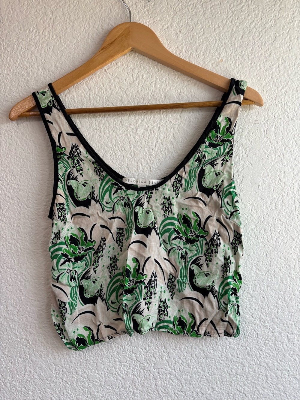 Veronica Beard Cream Crop Tank with Green Black Floral Print Cropped Womens 8